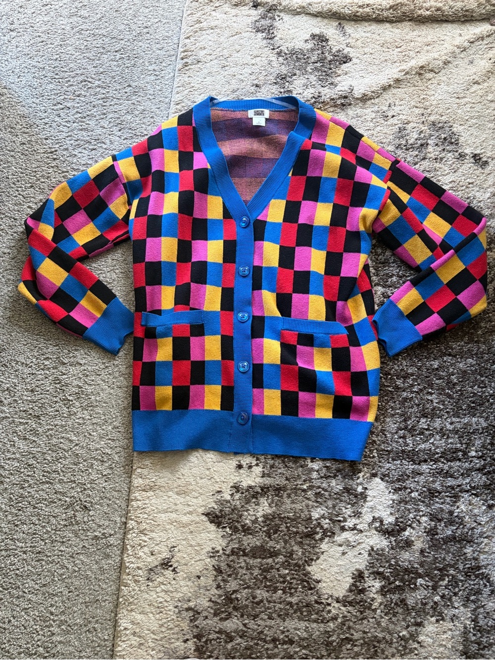 Target Bright Multicolor Checkerboard Cardigan - Blue Trim